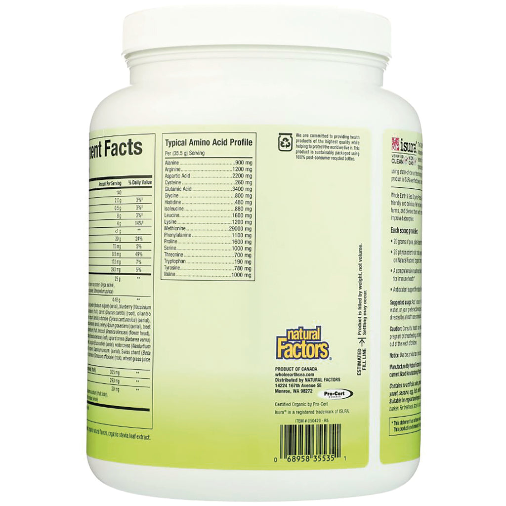 NFC199 | Back of pale green supplement tub showing nutrition facts, amino acid profile, Natural Factors logo and barcode - Thumbnail