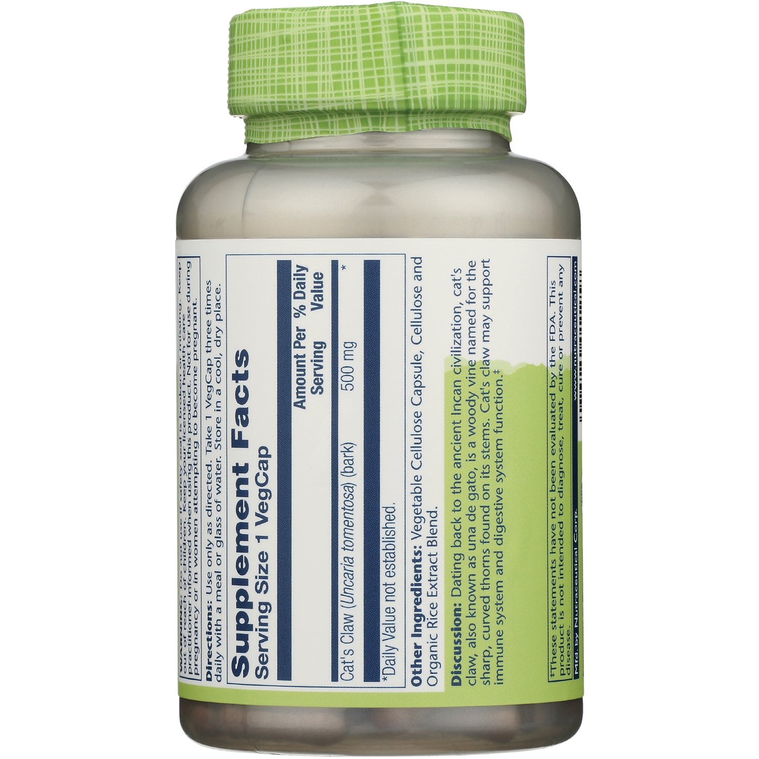 SLR338 | Back label showing Supplement Facts, serving size 1 VegCap, Cats Claw 500 mg, and other ingredients