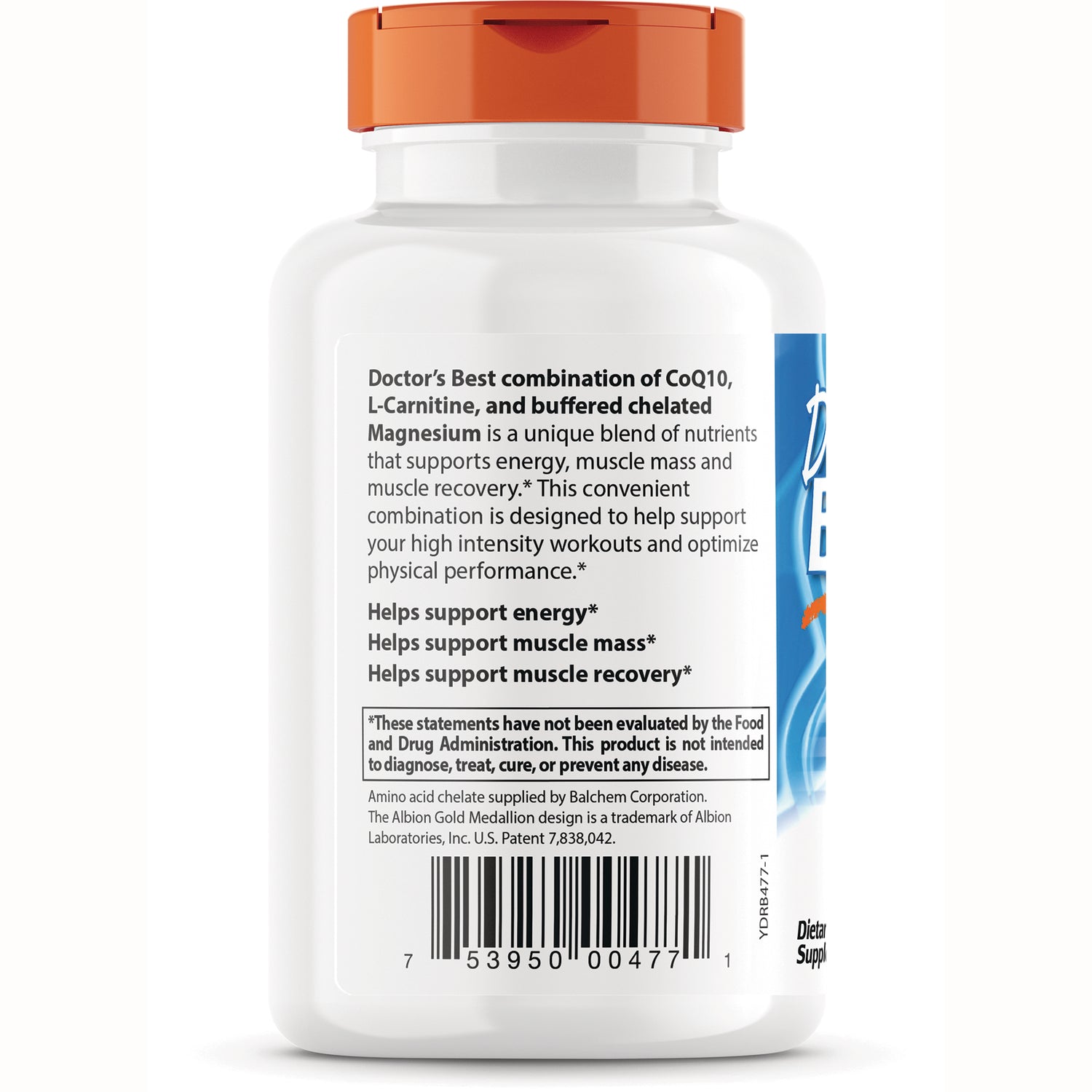DB294 | back label of white supplement bottle showing claims about CoQ10, L-Carnitine, magnesium and barcode