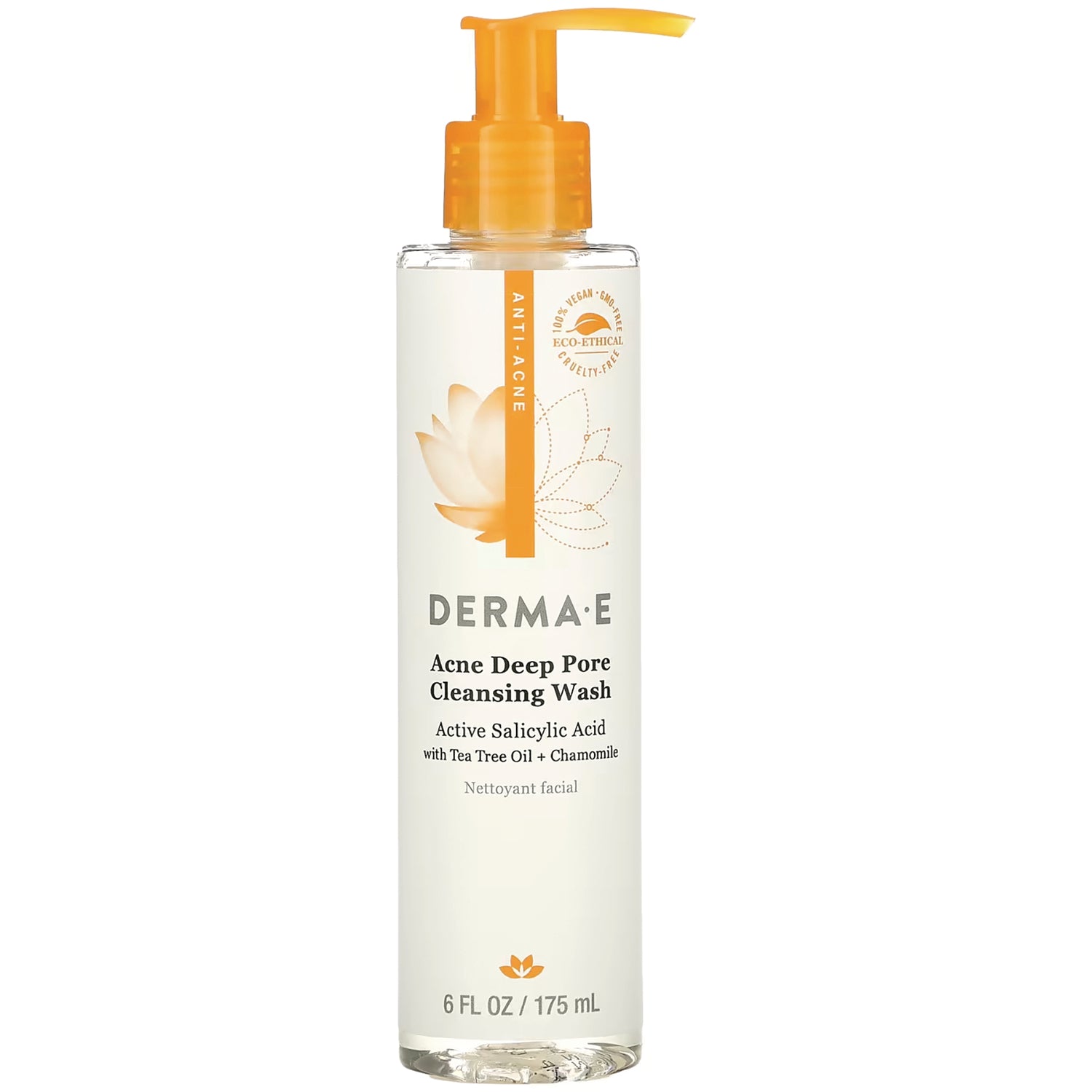 DE042 | DERMA E Acne Deep Pore Cleansing Wash pump bottle, Active Salicylic Acid with Tea Tree Oil + Chamomile, 6 FL OZ