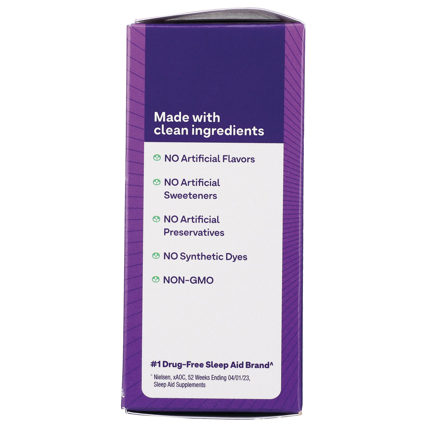 NA504 | Back of purple box reading Made with clean ingredients and listing no artificial flavors or preservatives, NON-GMO