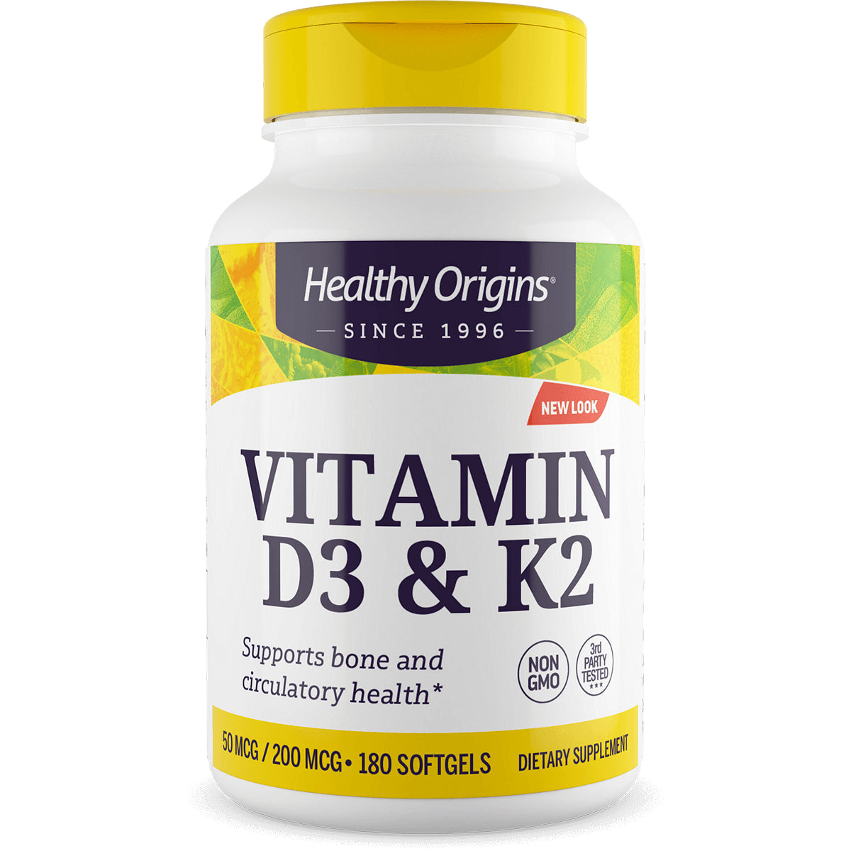 HRG184 | Healthy Origins bottle labeled Vitamin D3 & K2, supports bone and circulatory health, 180 softgels