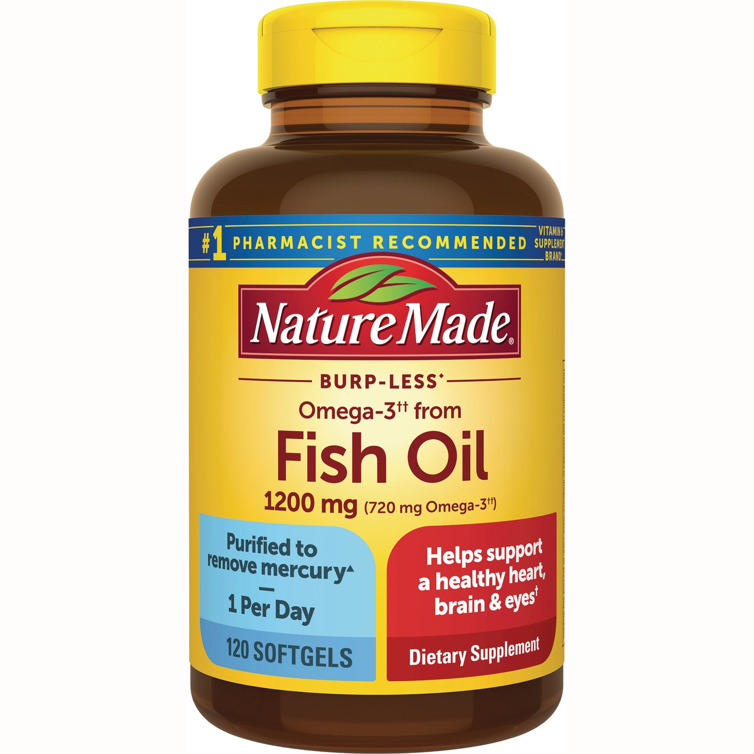 NTM171 | Nature Made Burp-Less Fish Oil 1200 mg bottle, 120 softgels, yellow label