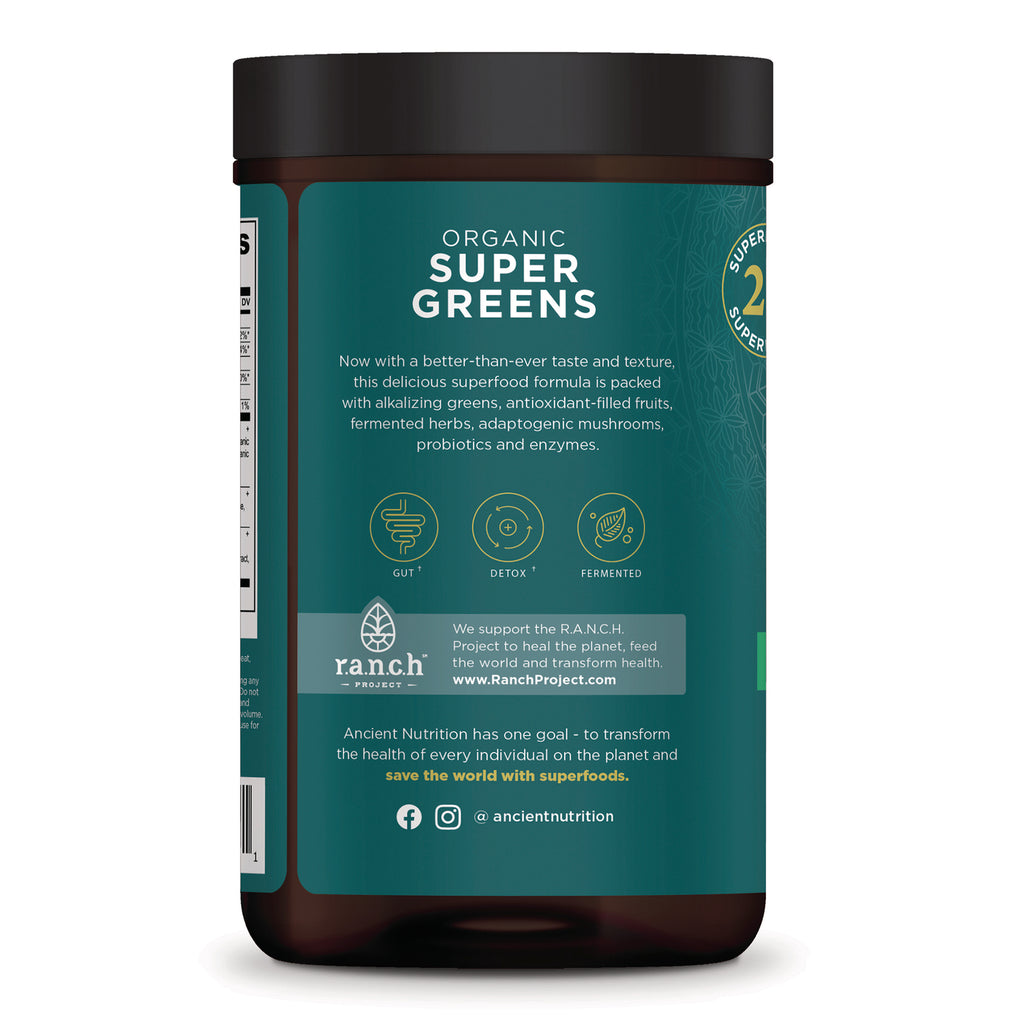 ATN131 | Back label of Organic Super Greens powder container showing product description, gut/detox/fermented icons and R.A.N.C.H. project blurb - Thumbnail