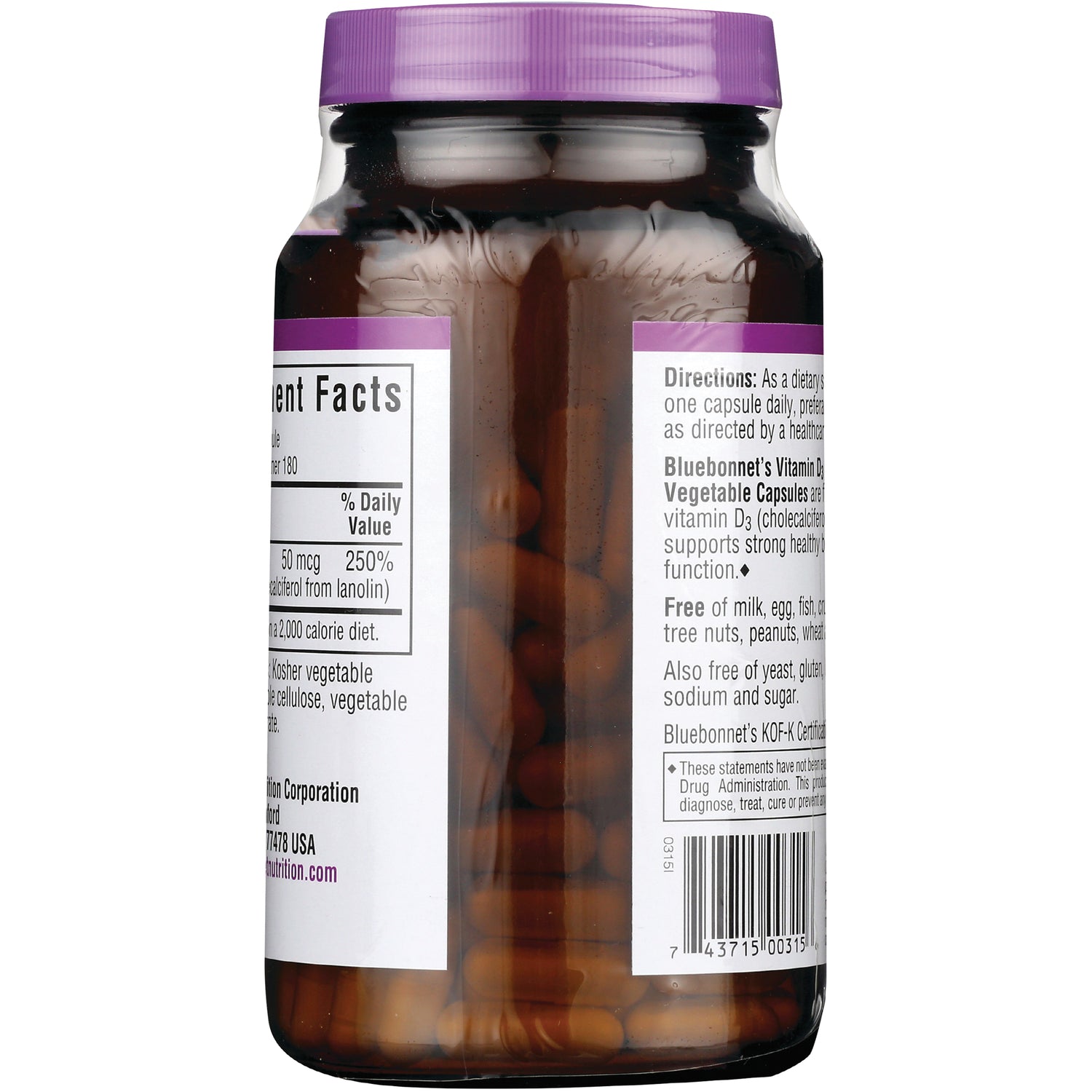 BLU129 | Back label showing supplement facts, directions, barcode and vegetable capsules visible through brown bottle