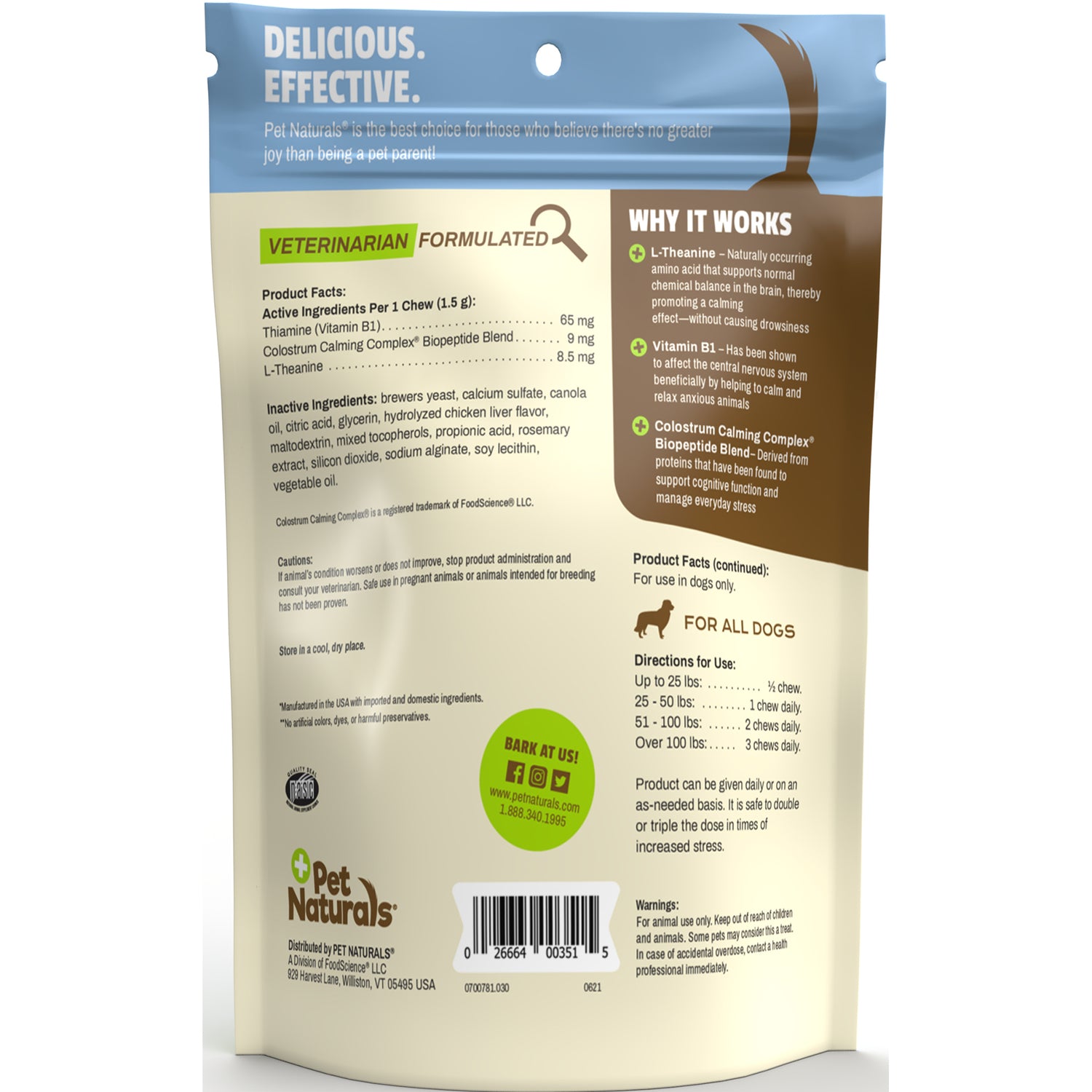 PTN073 | Back of Pet Naturals dog calming chews pouch showing product facts, ingredients, directions and barcode