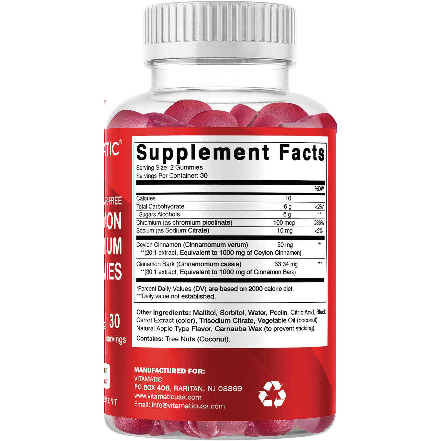 VAM013 | Back of gummy supplement bottle with Supplement Facts panel and ingredients list