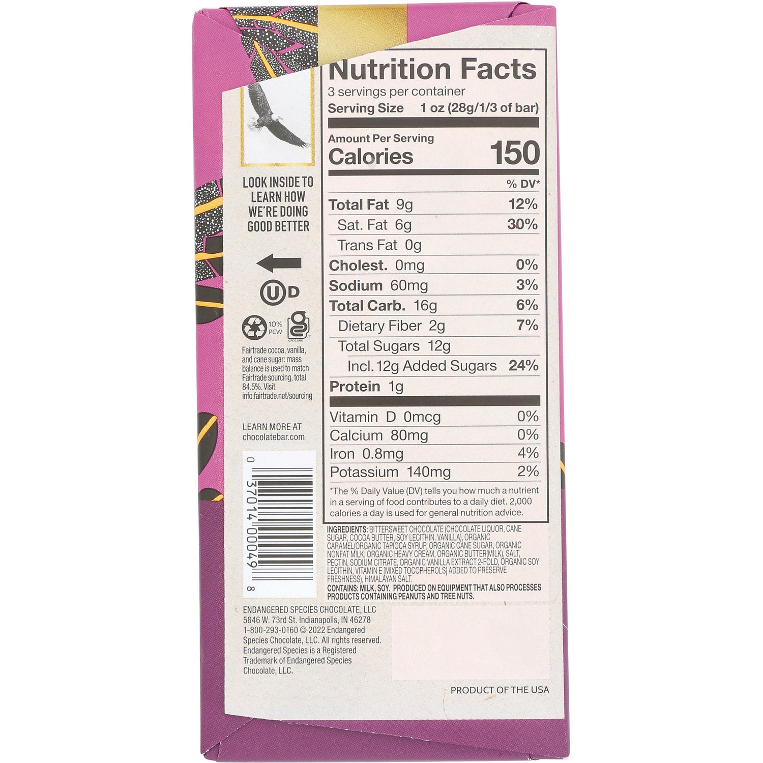 EES005 | Back of chocolate bar packaging showing Nutrition Facts panel, ingredient text, and barcode