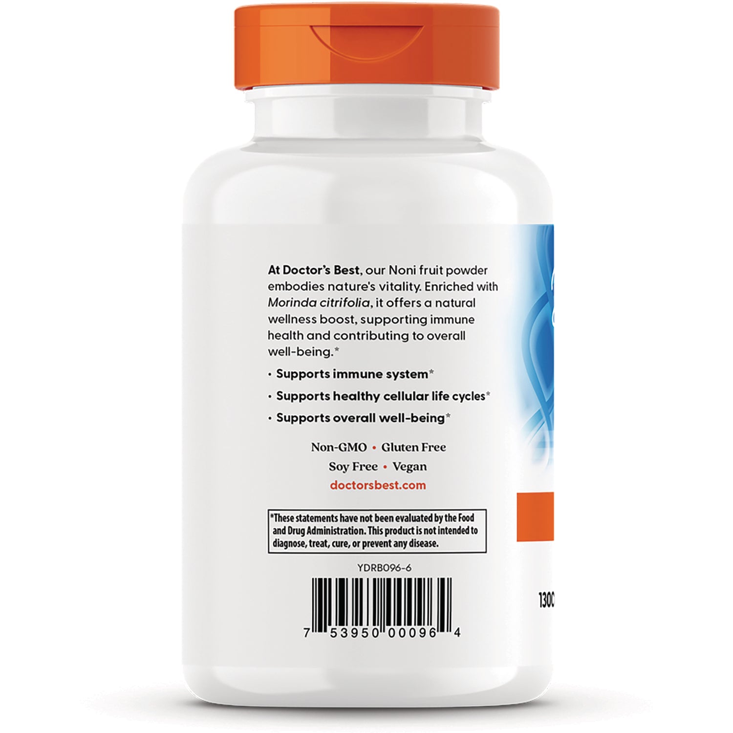 DB141 | Back of white supplement bottle with orange cap showing benefits text, Non-GMO Gluten Free labels and barcode