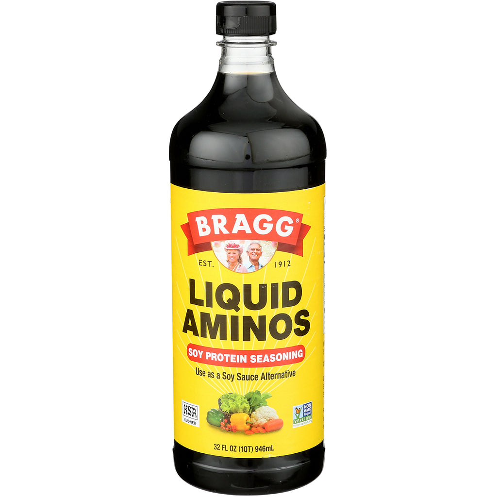 BR008 | Bragg Liquid Aminos soy protein seasoning bottle with yellow label, 32 fl oz - Thumbnail