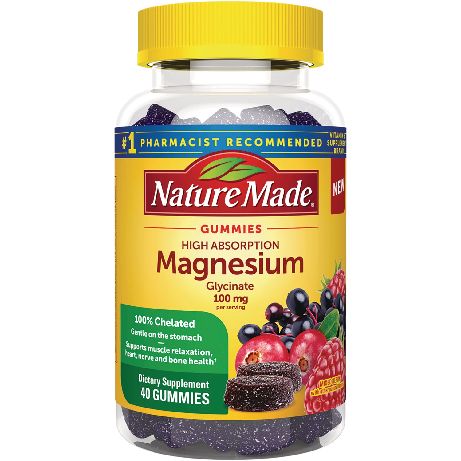 NTM134 | Nature Made Magnesium glycinate gummies bottle 100 mg per serving, 40 gummies, mixed berry