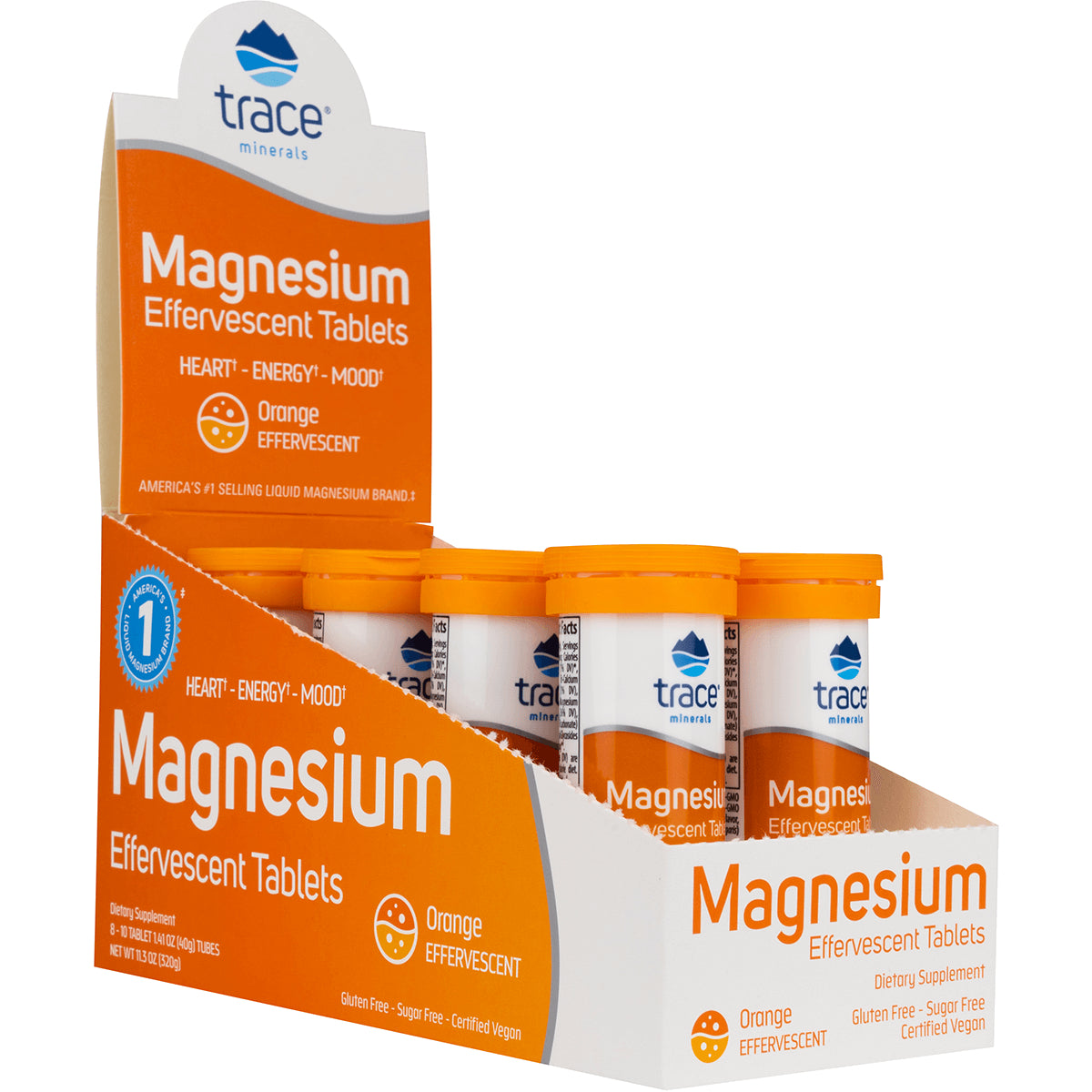TM075 | Trace Minerals Magnesium Effervescent Tablets, Orange flavor display box with tubes