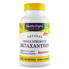 HRG097 | White bottle with yellow cap labeled Healthy Origins Natural Triple Strength Astaxanthin 12 mg 150 softgels