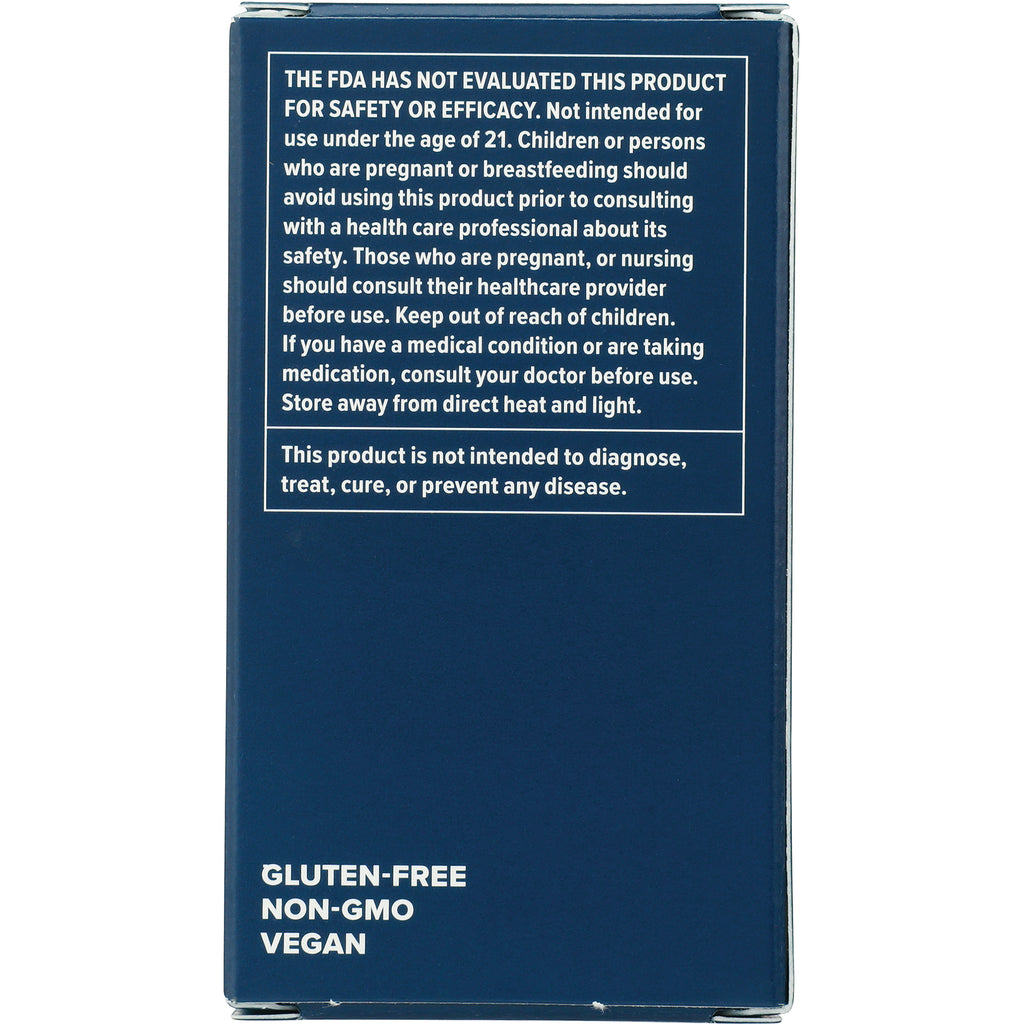 CV048 | back of navy supplement box with FDA warning text and labels reading GLUTEN-FREE NON-GMO VEGAN - Thumbnail