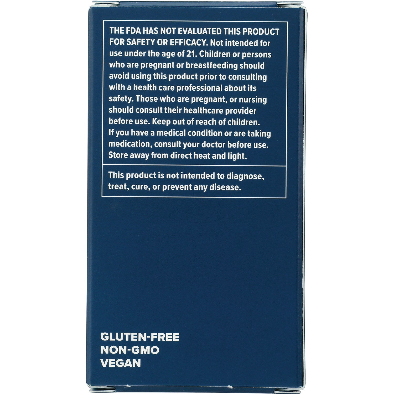 CV048 | back of navy supplement box with FDA warning text and labels reading GLUTEN-FREE NON-GMO VEGAN