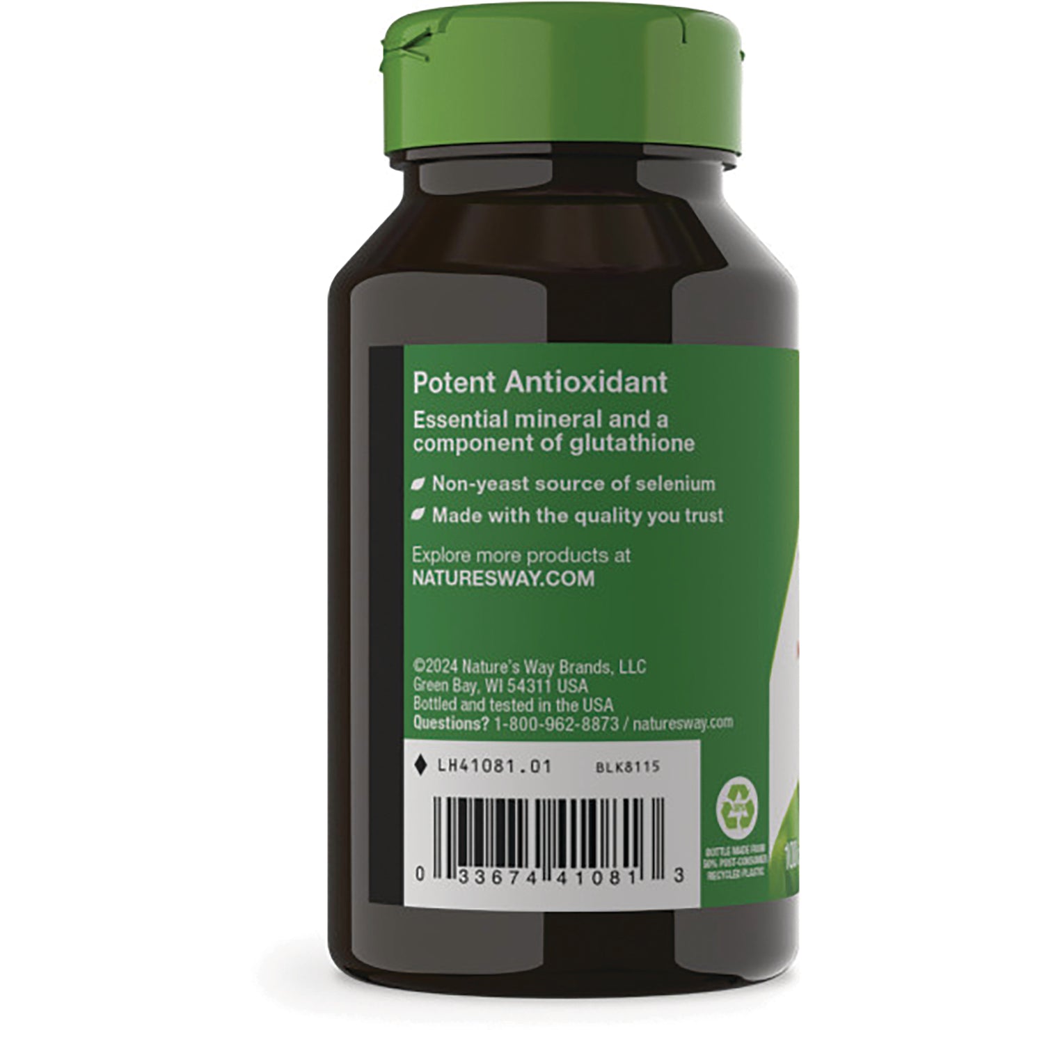 NW363 | Back of brown supplement bottle with green label reading Potent Antioxidant, barcode and company info