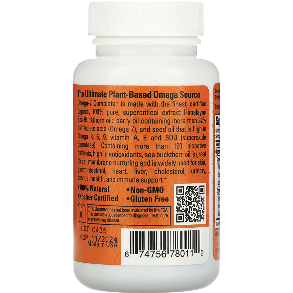 SBW001 | Back of white supplement bottle with orange label showing ingredients, claims, QR code, barcode, LOT and EXP - Thumbnail