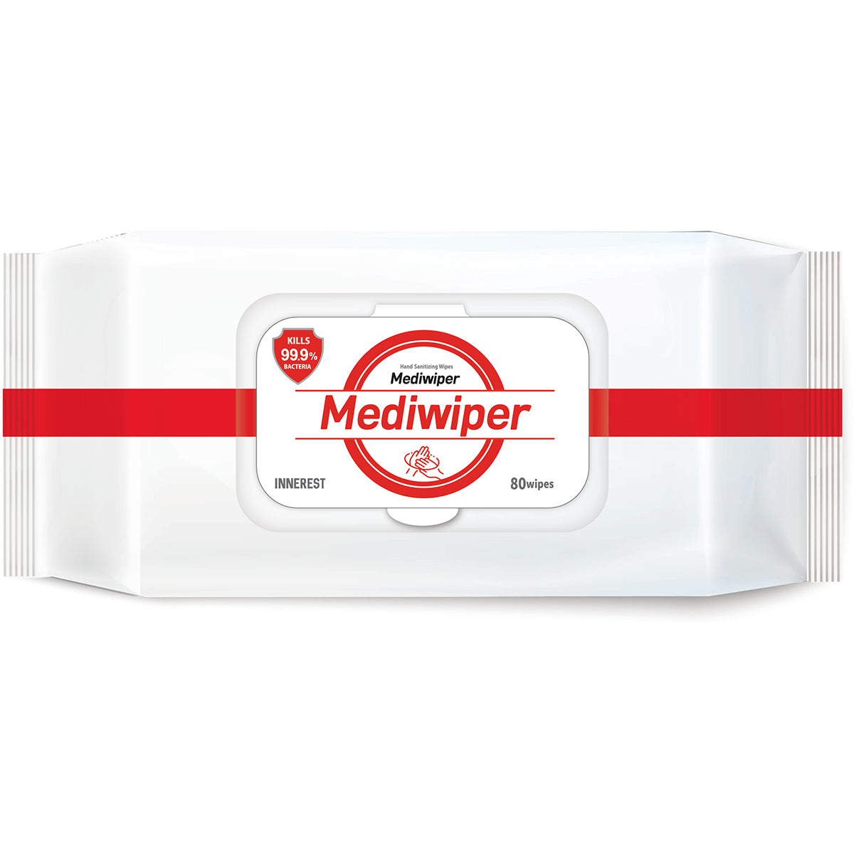 MDW001 | Pack of 80 Mediwiper hand sanitizing wipes in white pouch with red band and resealable lid labeled Kills 99.9% bacteria