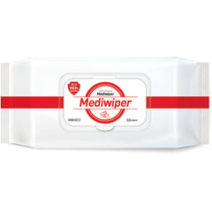 MDW001 | Pack of 80 Mediwiper hand sanitizing wipes in white pouch with red band and resealable lid labeled Kills 99.9% bacteria