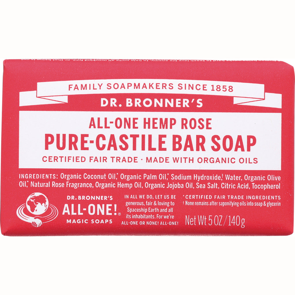 DRB019 | Dr. Bronner's Hemp Rose Pure-Castile bar soap front packaging, net wt 5 oz/140 g - Thumbnail