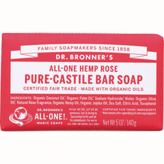 DRB019 | Dr. Bronner's Hemp Rose Pure-Castile bar soap front packaging, net wt 5 oz/140 g
