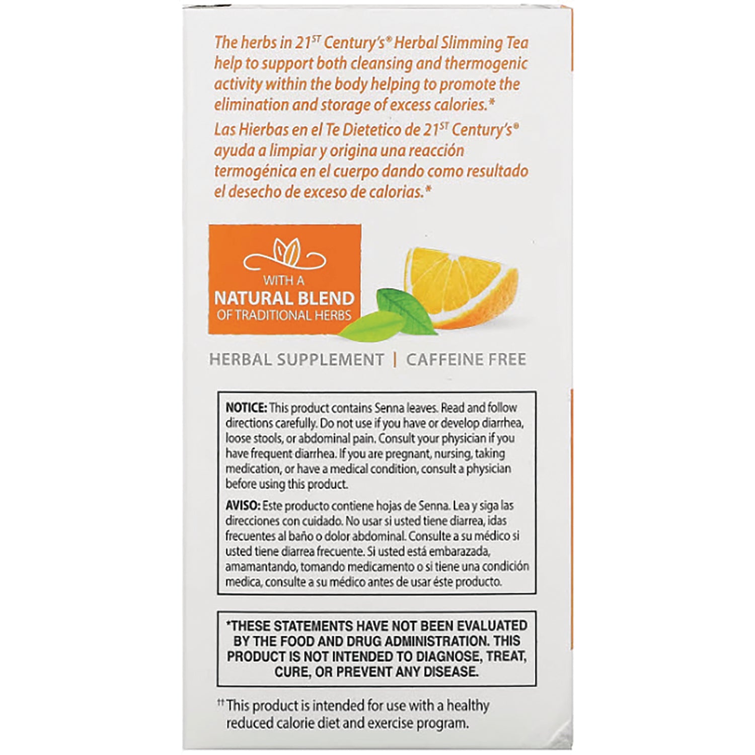 Back of tea supplement box showing natural blend badge, lemon illustration, HERBAL SUPPLEMENT | CAFFEINE FREE and caution text