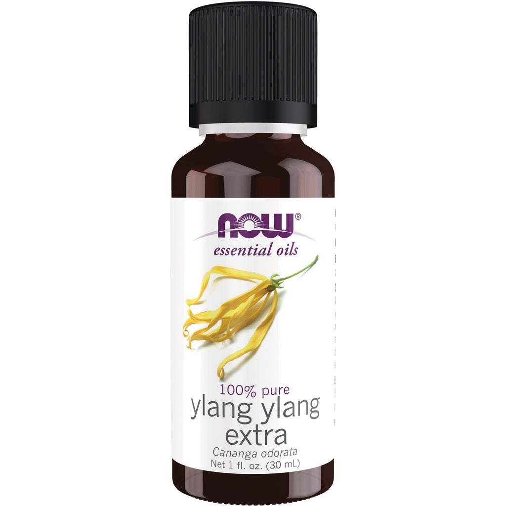 NWF518 | NOW essential oils ylang ylang extra 1 fl oz amber bottle with label showing yellow ylang ylang flower - Thumbnail