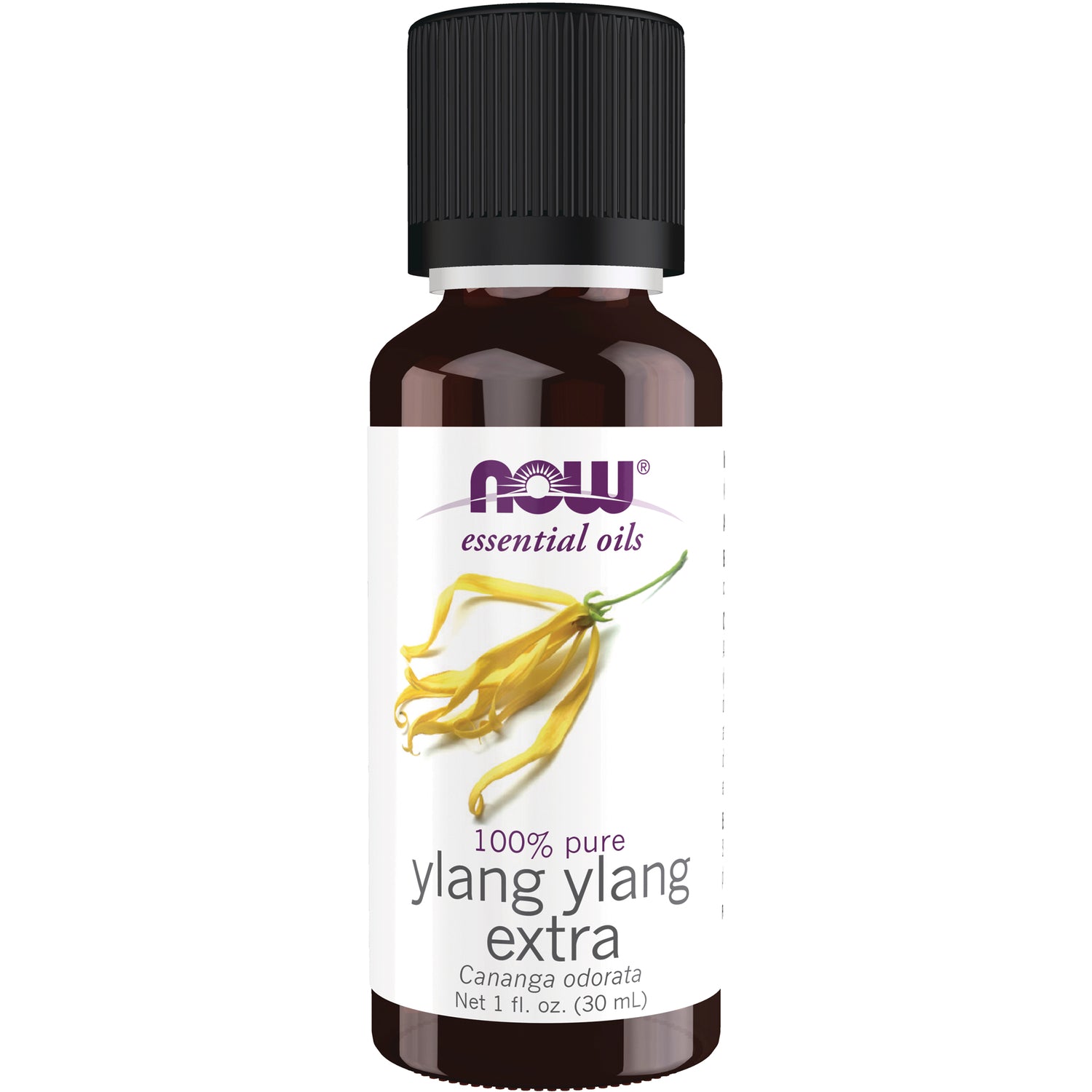 NWF518 | NOW essential oils ylang ylang extra 1 fl oz amber bottle with label showing yellow ylang ylang flower