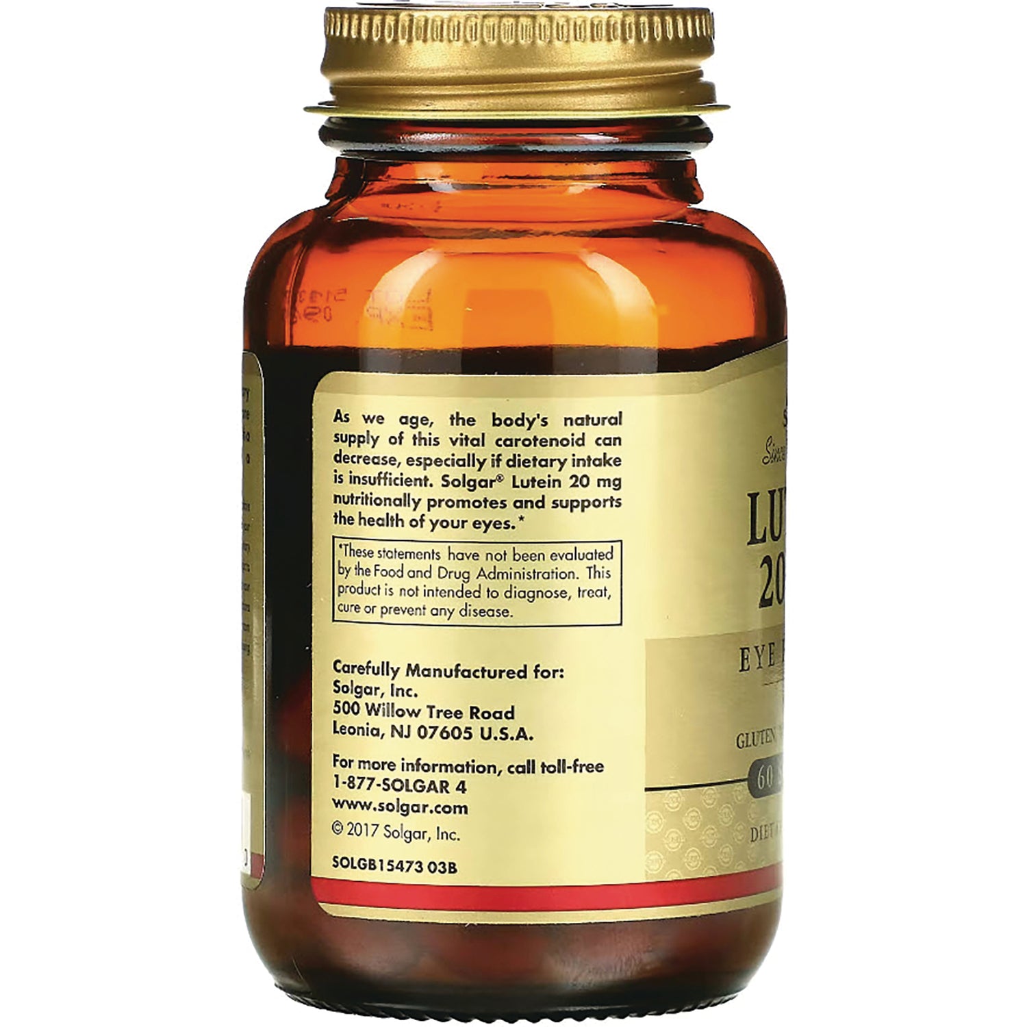 SLG291 | amber supplement bottle showing back label with manufacturer info, supplement facts and Solgar contact details
