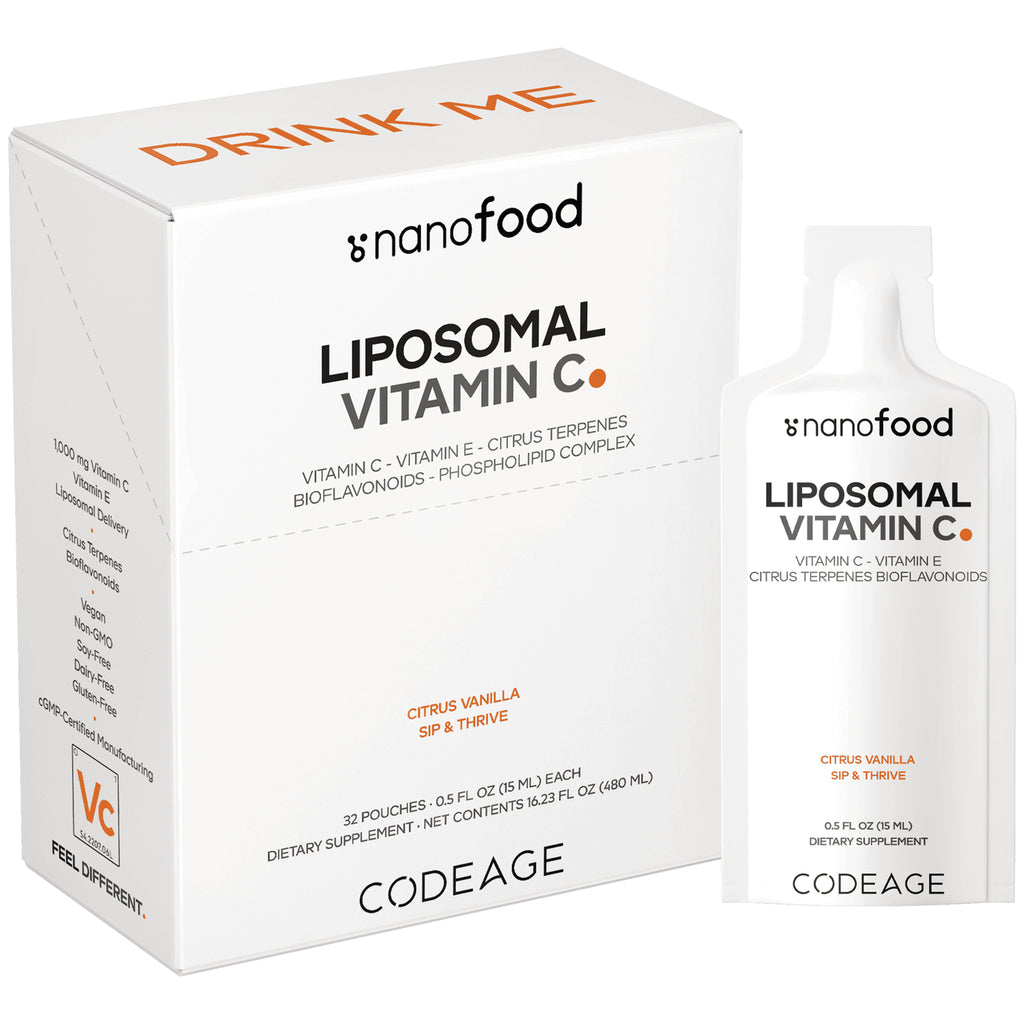 CDG069 | Box and single pouch of Codeage liposomal Vitamin C citrus vanilla front packaging - Thumbnail