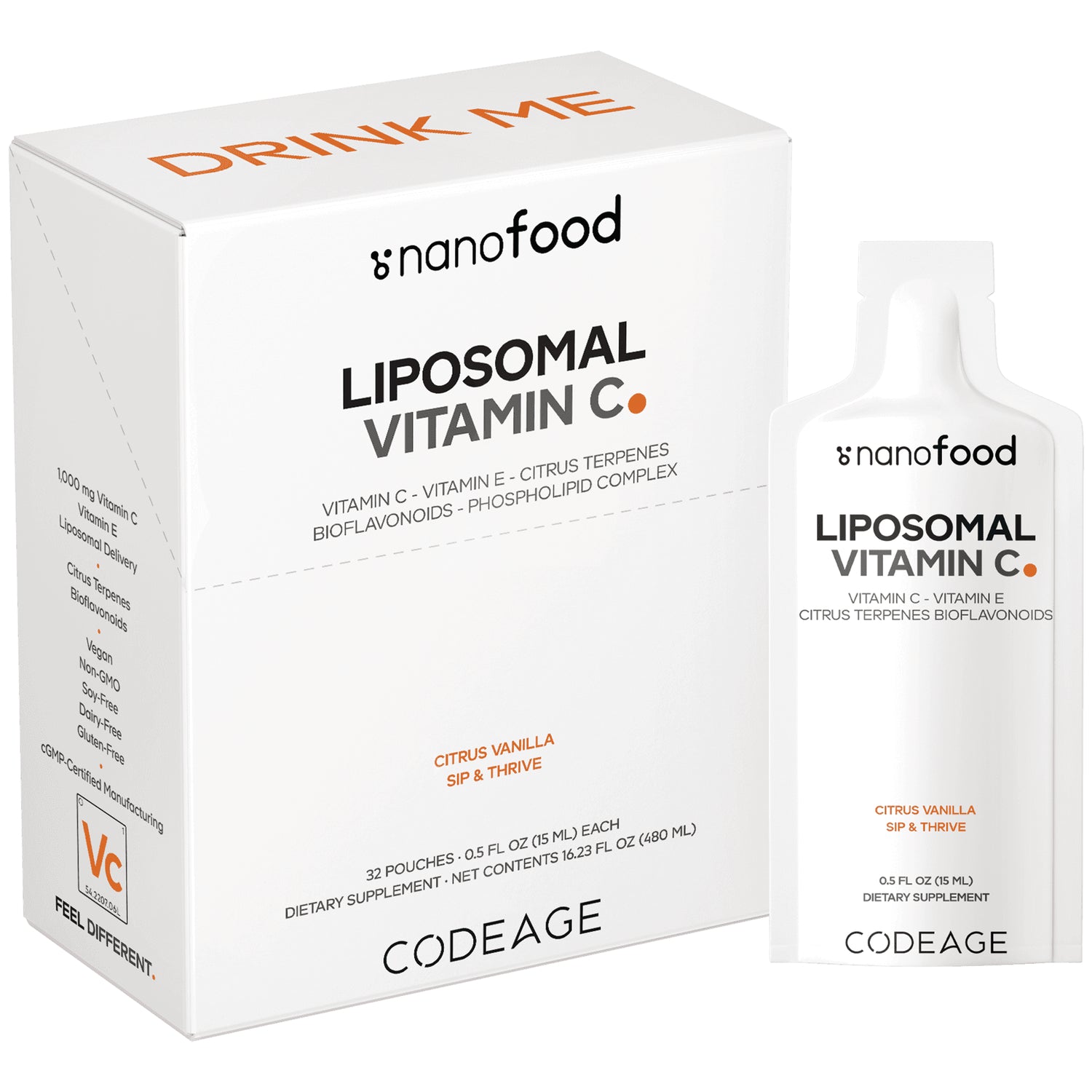 CDG069 | Box and single pouch of Codeage liposomal Vitamin C citrus vanilla front packaging