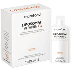CDG069 | Box and single pouch of Codeage liposomal Vitamin C citrus vanilla front packaging