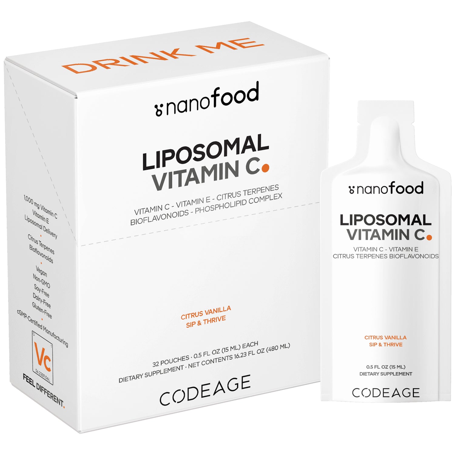 CDG069 | Box and single pouch of Codeage liposomal Vitamin C citrus vanilla front packaging