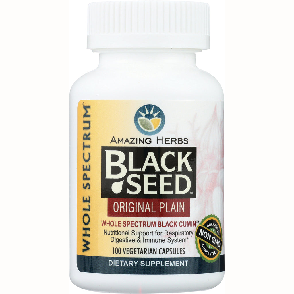AZH001 | White supplement bottle labeled Amazing Herbs BLACK SEED Original Plain, 100 vegetarian capsules, Non-GMO - Thumbnail