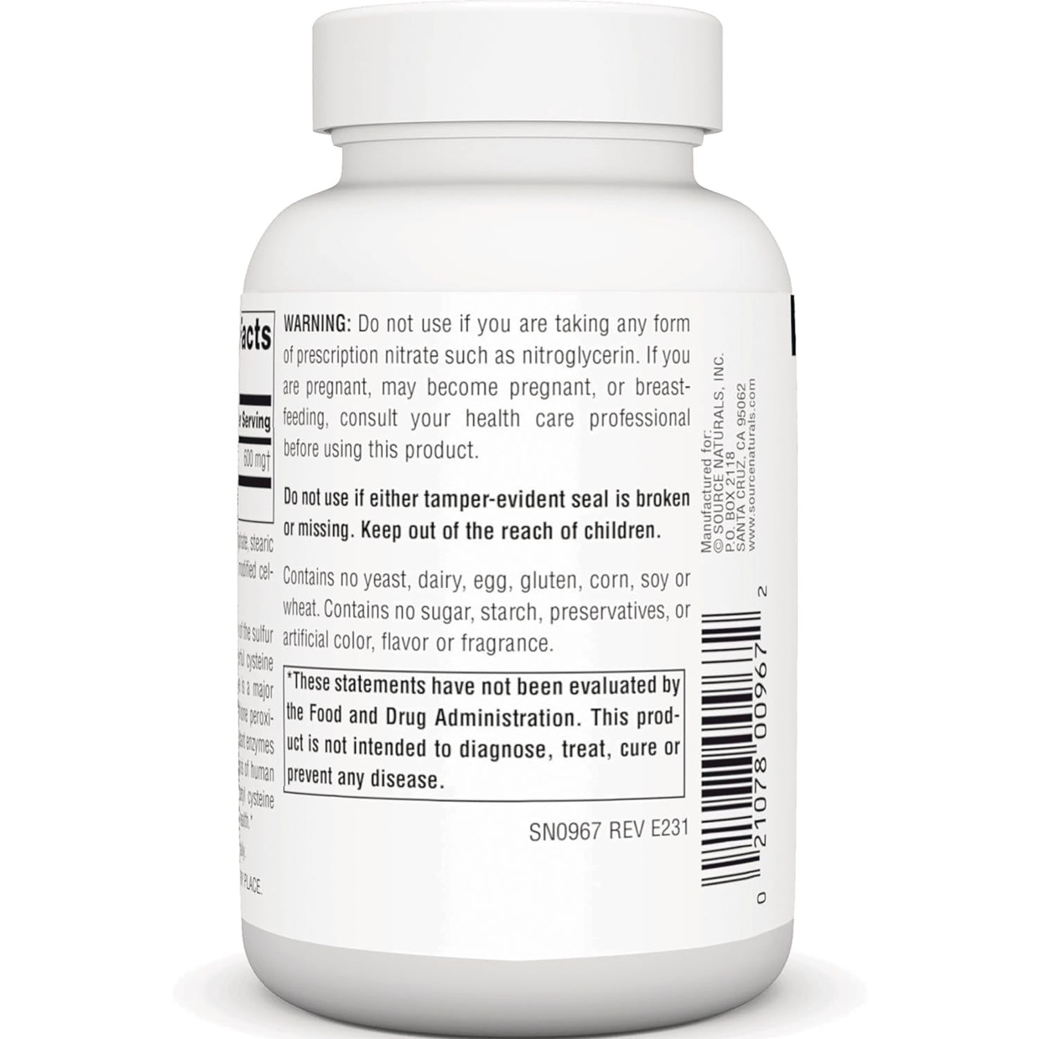 SN356 | Supplement bottle back label with warning text, FDA disclaimer, and barcode