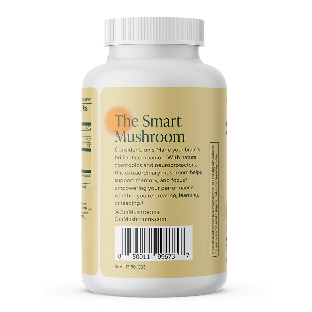 MMX031 | Back label of Lion's Mane supplement bottle showing product information, QR code and value size band - Thumbnail