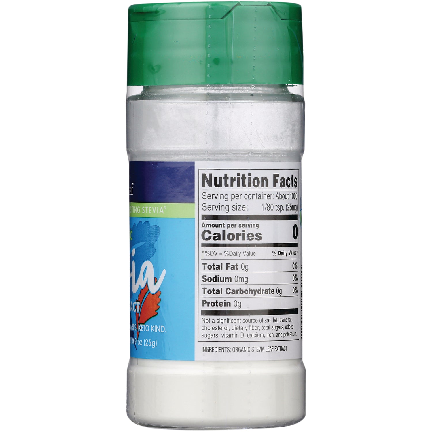 WA074 | Back of stevia sweetener bottle showing Nutrition Facts panel