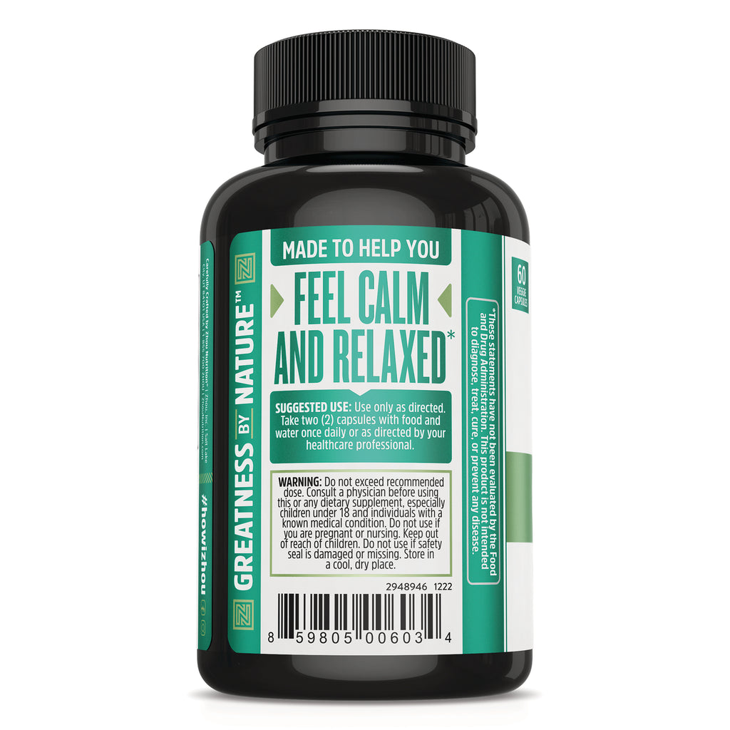 ZOU035 | Supplement bottle back label with text 'FEEL CALM AND RELAXED', suggested use, warnings, and barcode - Thumbnail