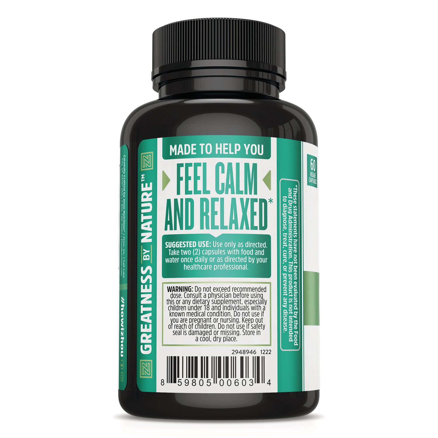 ZOU035 | Supplement bottle back label with text 'FEEL CALM AND RELAXED', suggested use, warnings, and barcode