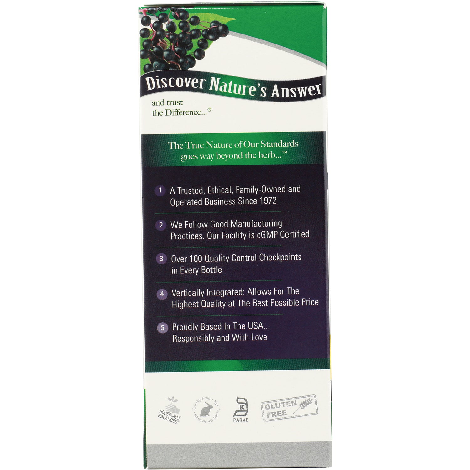 NAT086 | Back of Nature's Answer supplement box listing five quality claims and certification icons including gluten free