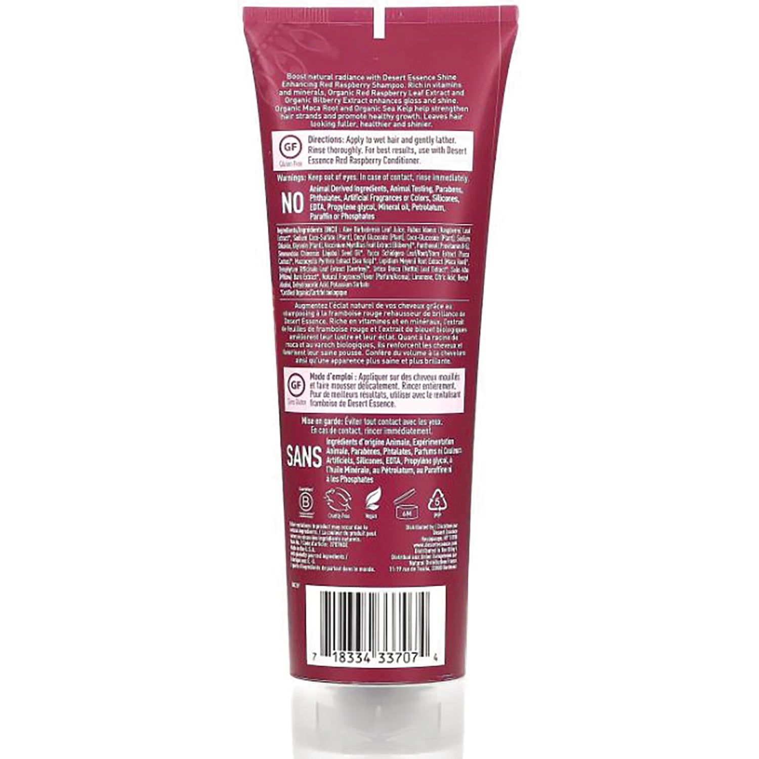DST040 | Back of maroon shampoo tube showing ingredients, directions, icons and barcode