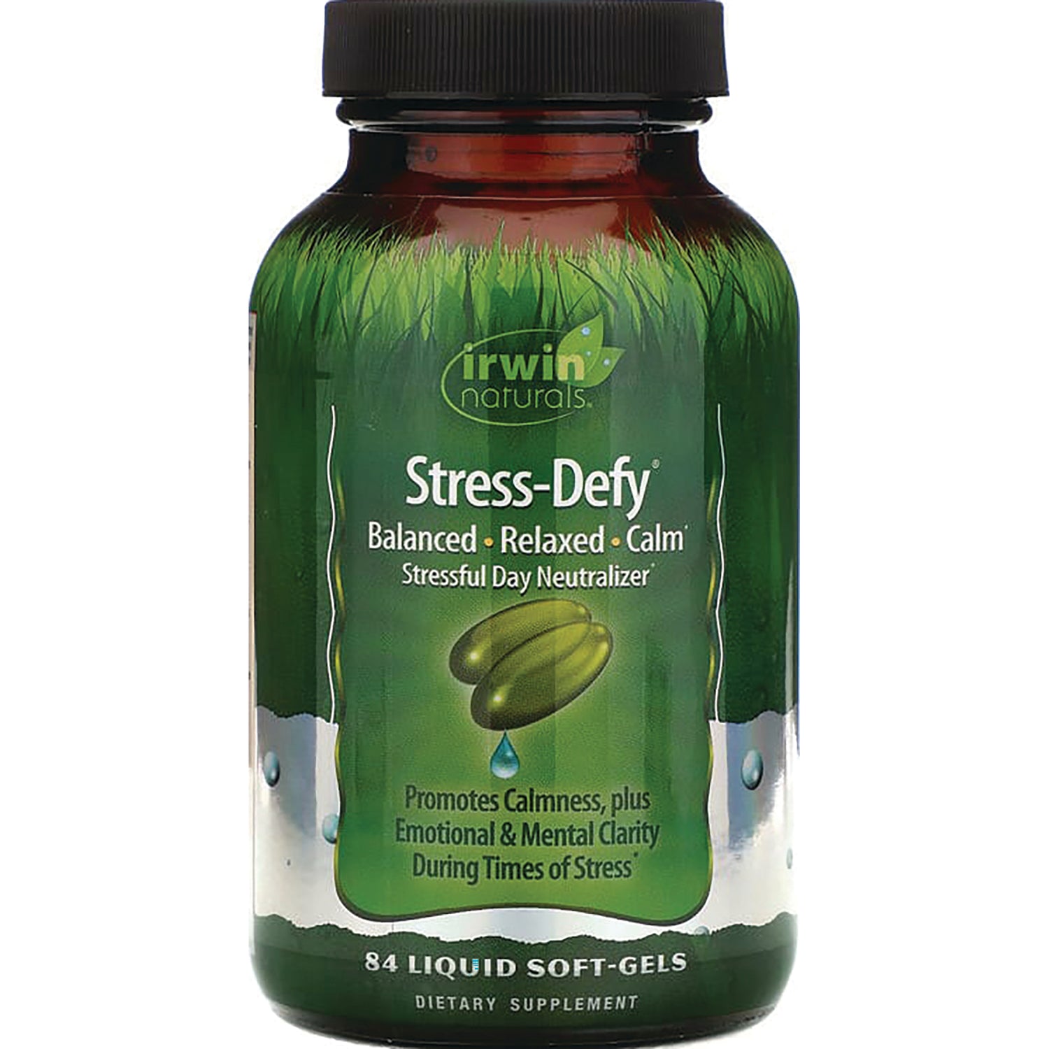 IR083 | Irwin Naturals Stress-Defy green bottle front label showing 84 liquid soft-gels dietary supplement