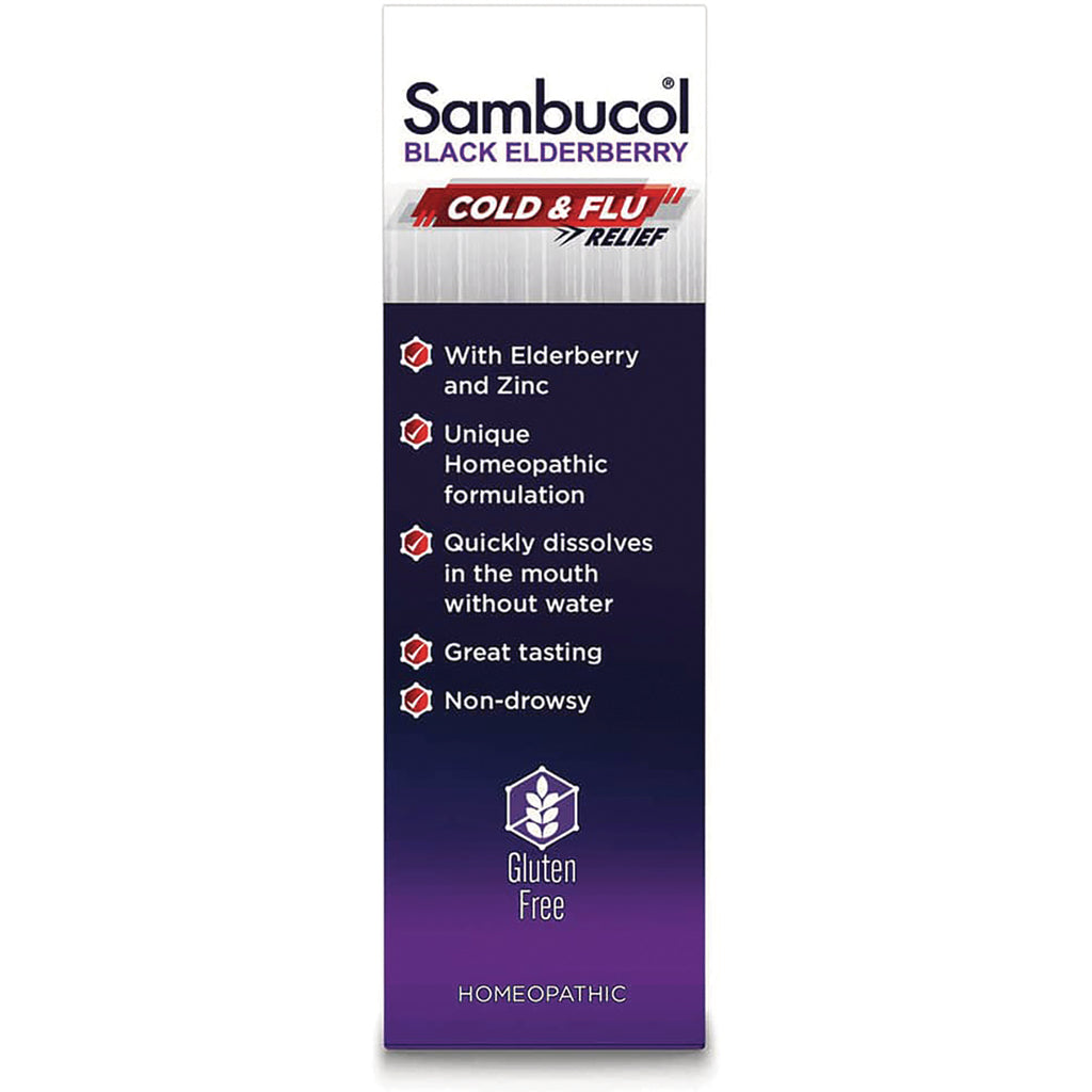 SMB008 | Sambucol Black Elderberry Cold & Flu Relief side panel with benefits and Gluten Free badge - Thumbnail