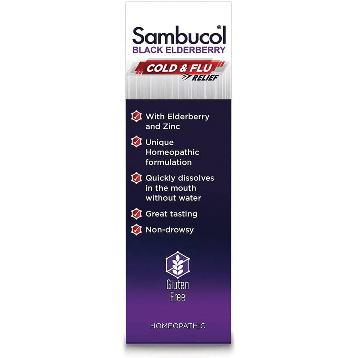SMB008 | Sambucol Black Elderberry Cold & Flu Relief side panel with benefits and Gluten Free badge
