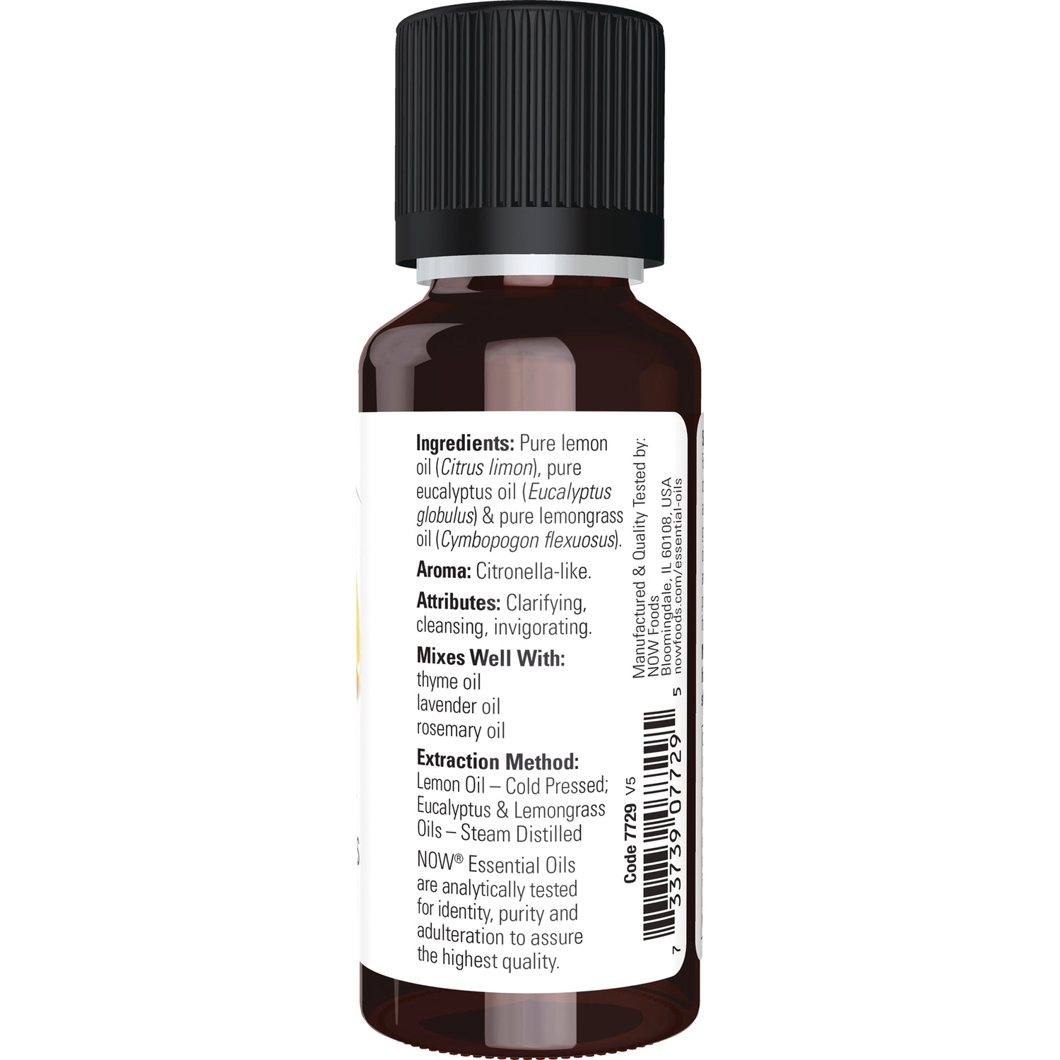 NWF1162 | back label of amber essential oil bottle showing ingredients, aroma, attributes and barcode