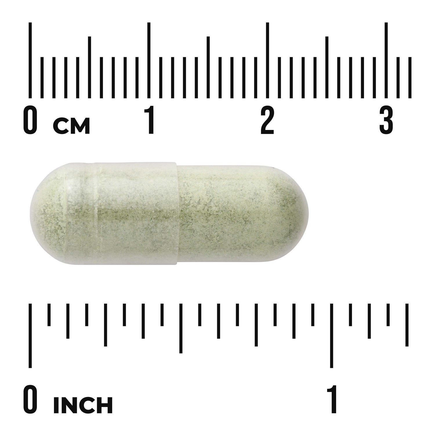 SWR087 | clear capsule filled with green powder shown against rulers labeled CM and INCH to indicate size