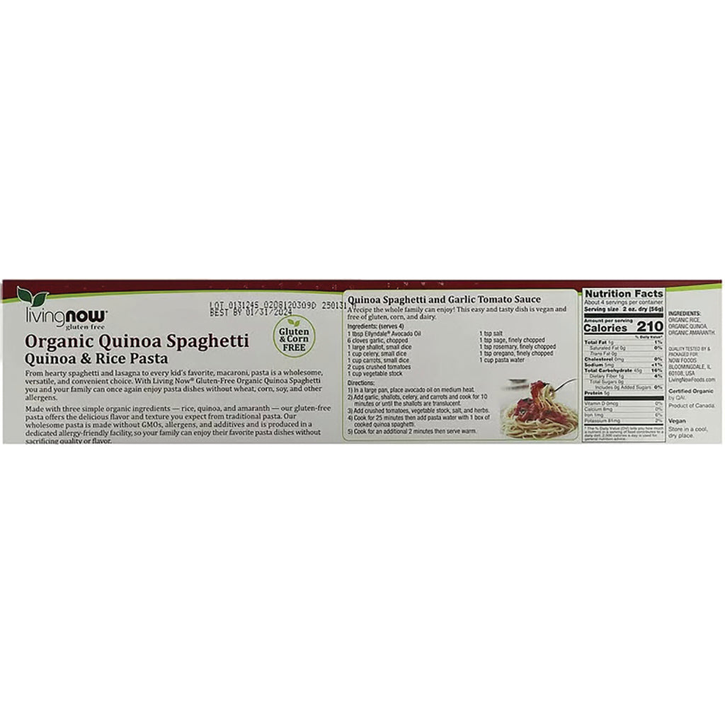 NWF1271 | Back label of Living Now Organic Quinoa Spaghetti showing product description, ingredients and nutrition facts - Thumbnail