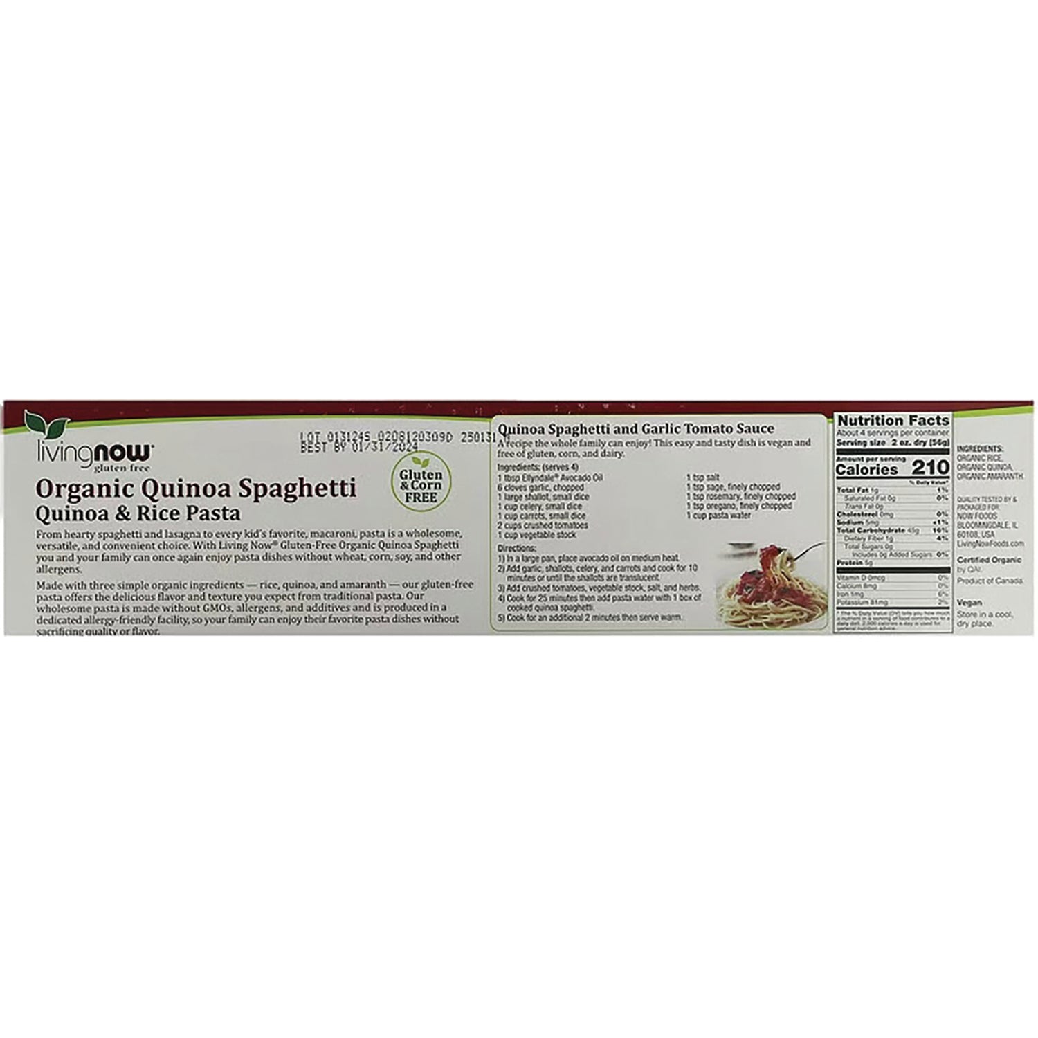 NWF1271 | Back label of Living Now Organic Quinoa Spaghetti showing product description, ingredients and nutrition facts