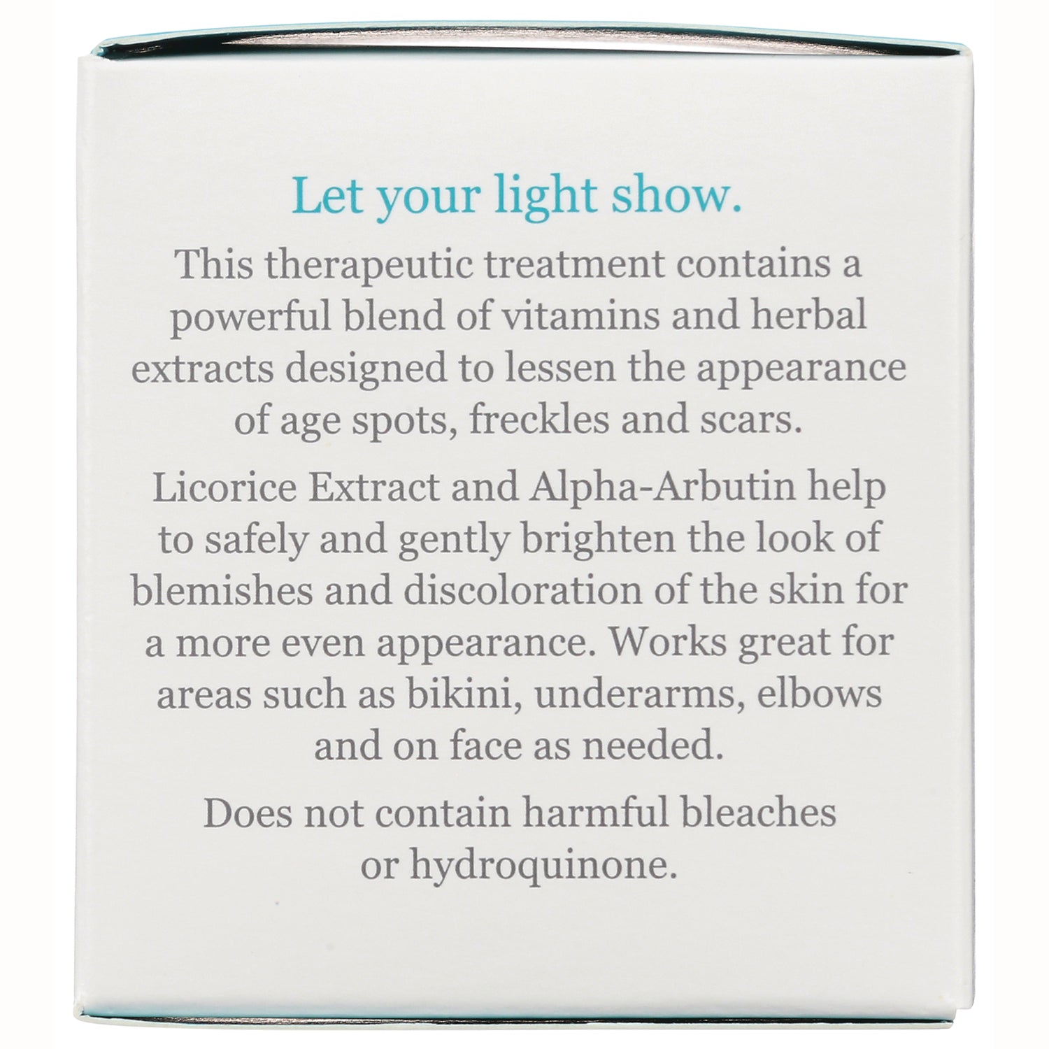 DE001 | Back panel with product description mentioning licorice extract and alpha-Arbutin and statement does not contain hydroquinone