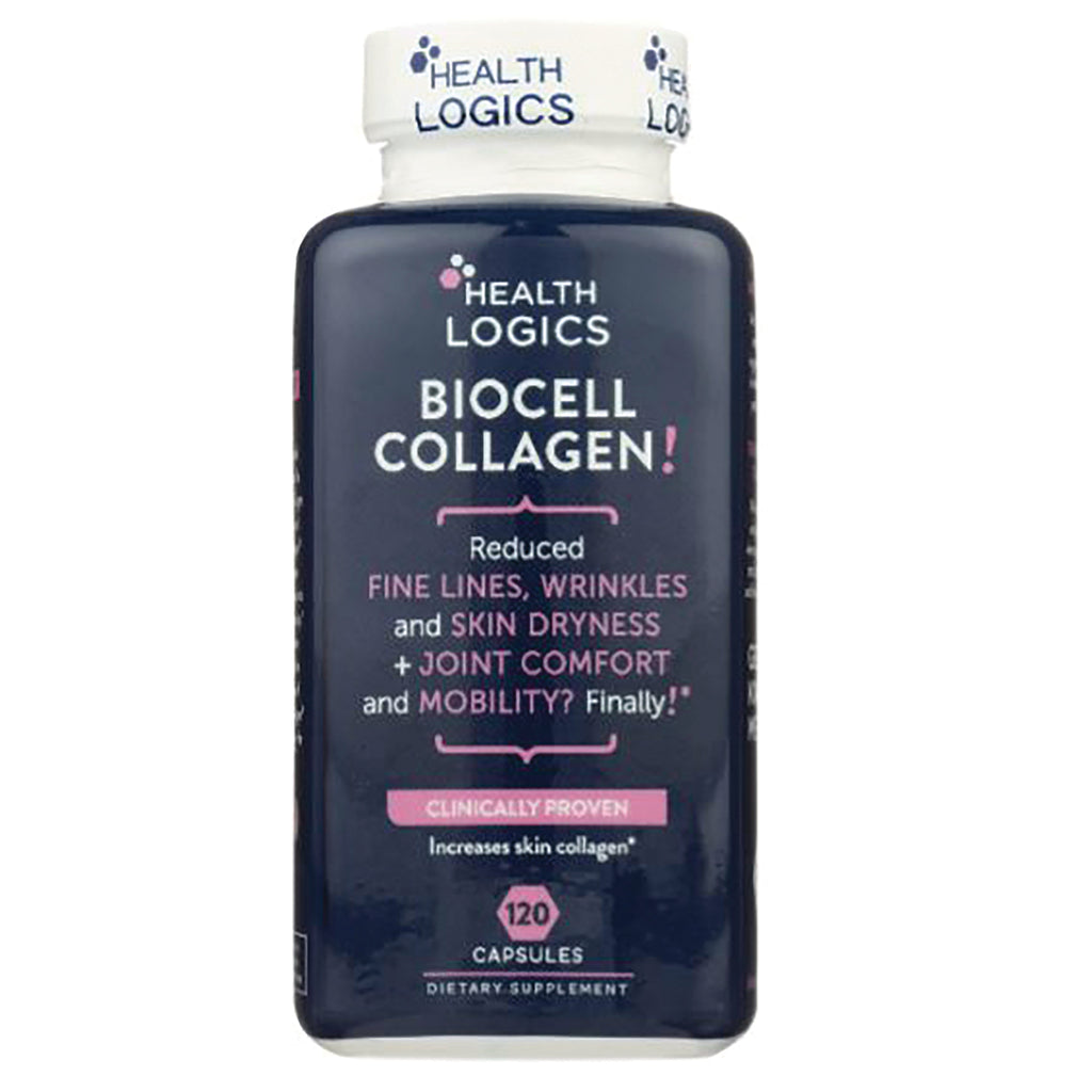HLG001 | Health Logics Biocell Collagen bottle front label reading Biocell Collagen, clinically proven, 120 capsules - Thumbnail